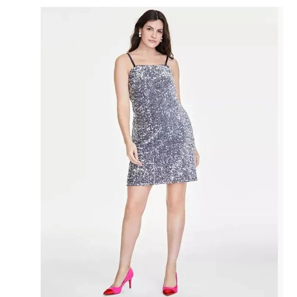 Womens Silver Sequin Spaghettl Strap Sheath Mini Dress, XL, NWT